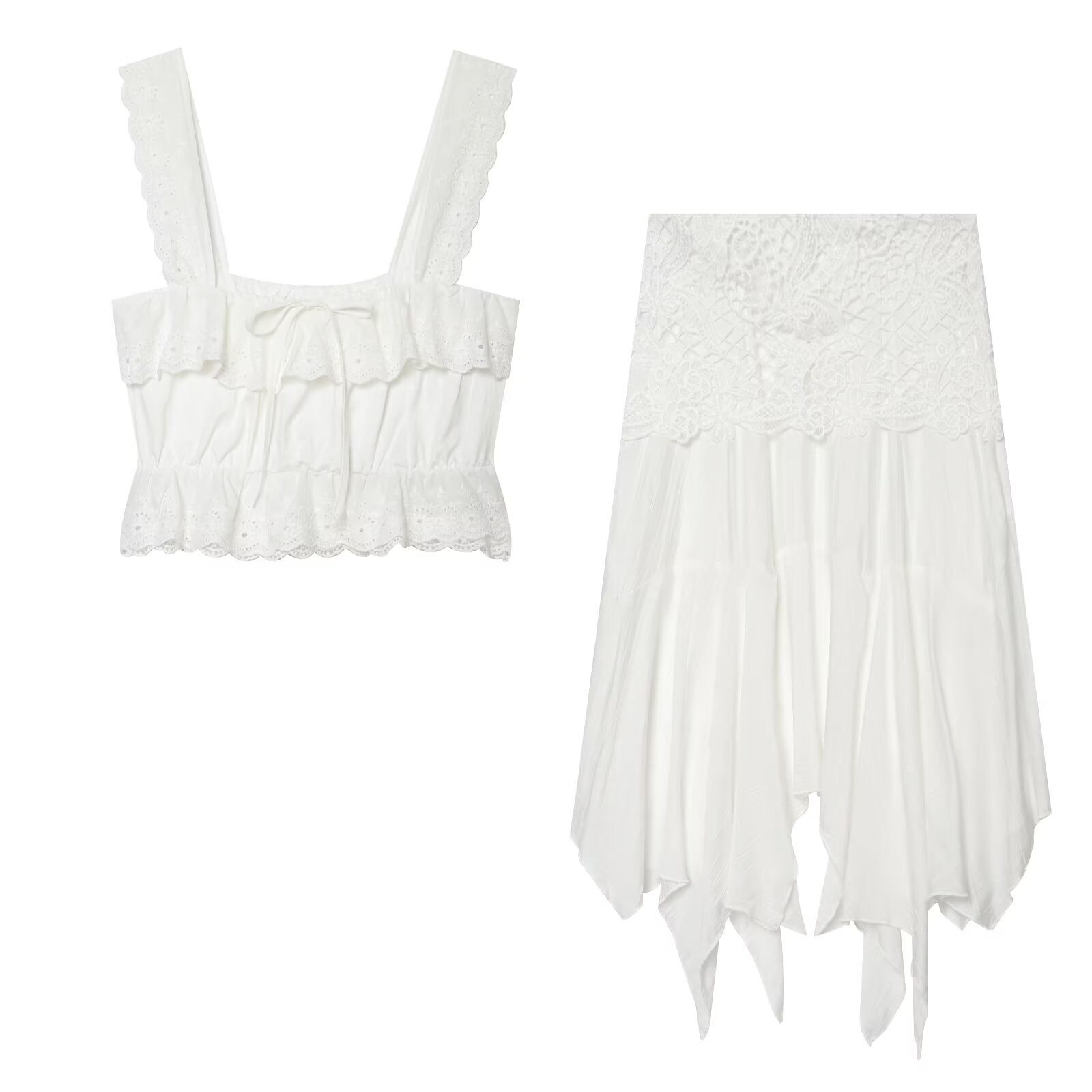 Hollow Out Cutout Embroidered Short Top Embroidery Asymmetric Midi Skirt Sets Howe