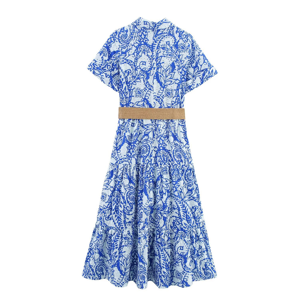 Women Clothing Summer Office with Belt Embroidery Dress Howe
