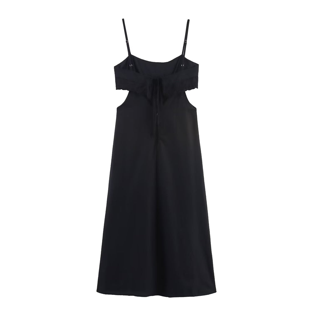 Elegant Black Slim Fit Slimming Lace Stitching Side Waist Split Sling Dress Howe