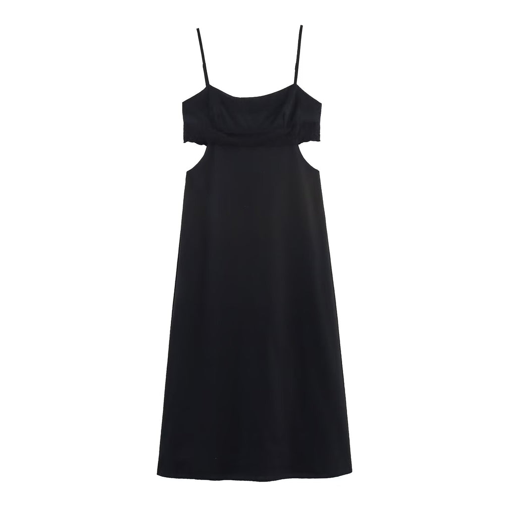 Elegant Black Slim Fit Slimming Lace Stitching Side Waist Split Sling Dress Howe