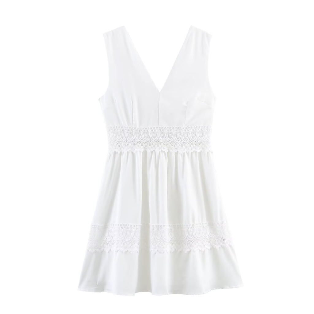Women Clothing Summer Slim Waist Lace Short Stitching Dress Wennie