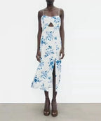 Women Clothing Spring Holiday Backless Spaghetti Strap Floral Print Midi Dress flightCourse