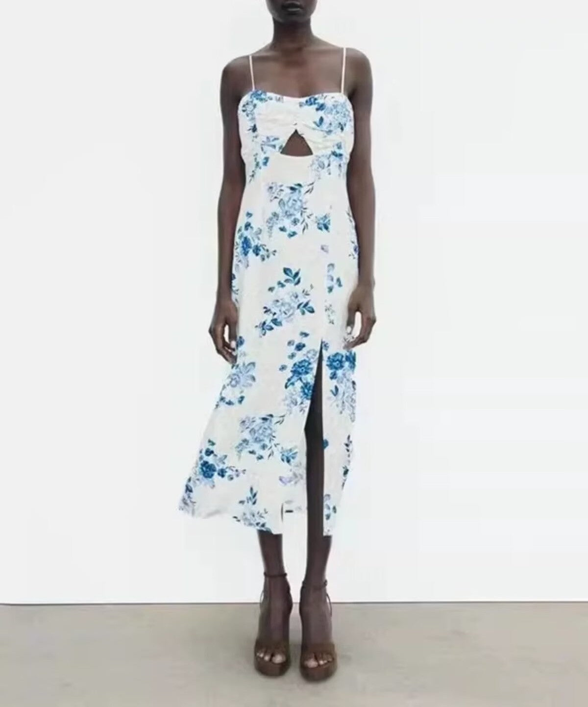 Women Clothing Spring Holiday Backless Spaghetti Strap Floral Print Midi Dress flightCourse