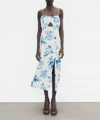 Women Clothing Spring Holiday Backless Spaghetti Strap Floral Print Midi Dress flightCourse