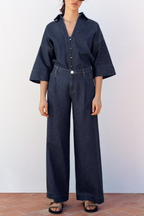 Summer Casual Women Collared Wide Sleeve Loose Denim Shirt Top High Waist Wide Leg Set Howe