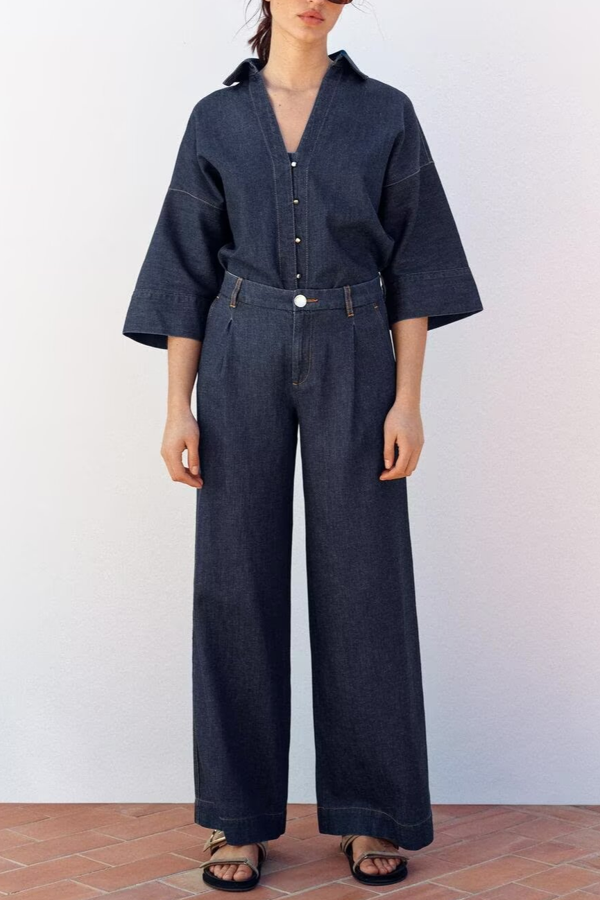 Summer Casual Women Collared Wide Sleeve Loose Denim Shirt Top High Waist Wide Leg Set Howe