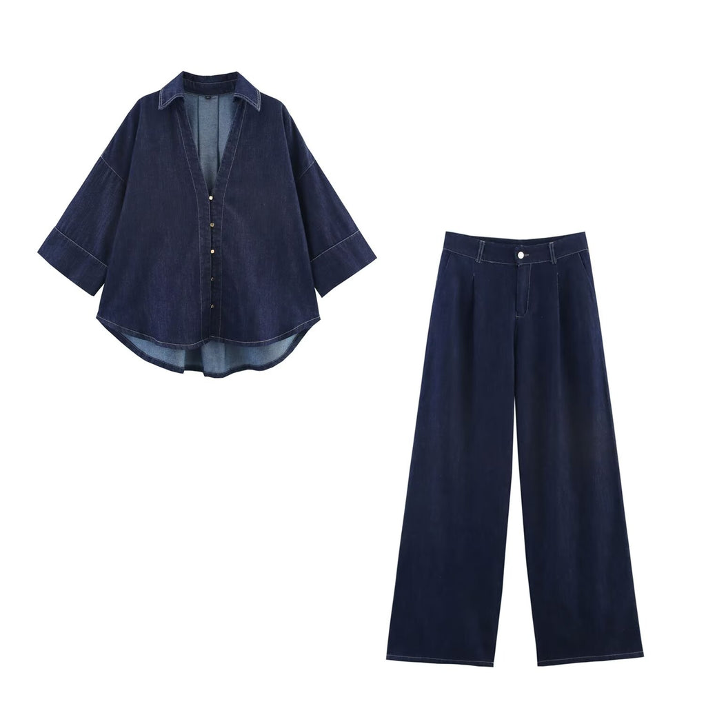 Summer Casual Women Collared Wide Sleeve Loose Denim Shirt Top High Waist Wide Leg Set Howe