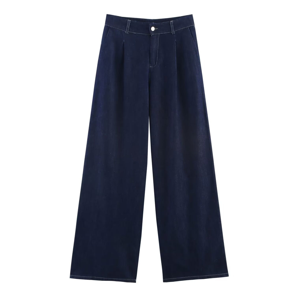 Summer Casual Women Collared Wide Sleeve Loose Denim Shirt Top High Waist Wide Leg Set Howe