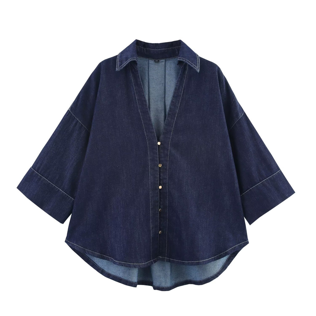 Summer Casual Women Collared Wide Sleeve Loose Denim Shirt Top High Waist Wide Leg Set Howe