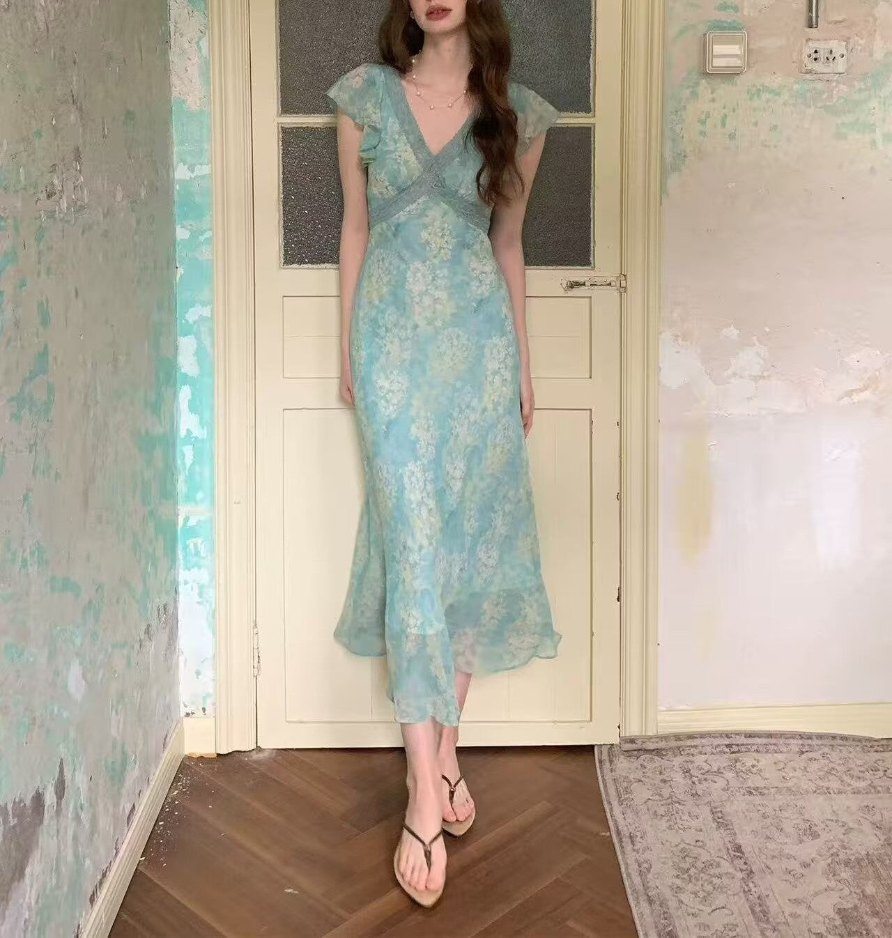 Women Clothing Summer Smoke Purple Ning Dress French Floral Flying Sleeve Dress Women Lace V neck Dress PullWind