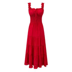 Fairy Dress Seaside Wear Tight Waist Strap Dress Women Summer Beautiful Square Collar Slimming Umbrella Swing Dress PullWind