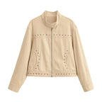 Women Clothing Summer Casual All Matching Rivets Stand Collar Short Jacket TRAF
