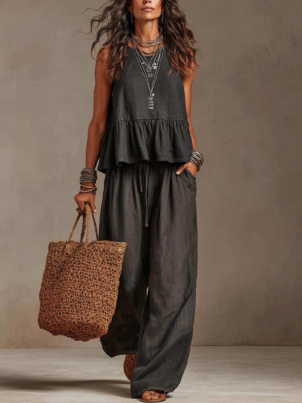 Two Piece Sets Linen Casual Sleeveless Vest Wide Leg Pants Venly