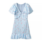 Summer Women Clothing Floral Flounce Socialite V neck Satin Short Sleeve Waist Controlled Dress JiaJia