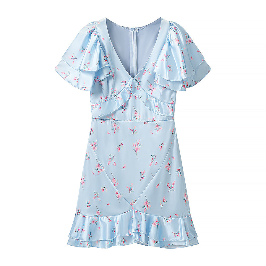 Summer Women Clothing Floral Flounce Socialite V neck Satin Short Sleeve Waist Controlled Dress JiaJia