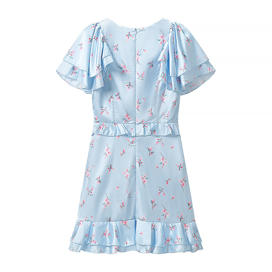 Summer Women Clothing Floral Flounce Socialite V neck Satin Short Sleeve Waist Controlled Dress JiaJia
