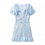 Summer Women Clothing Floral Flounce Socialite V neck Satin Short Sleeve Waist Controlled Dress JiaJia