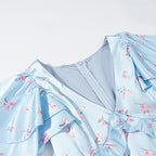 Summer Women Clothing Floral Flounce Socialite V neck Satin Short Sleeve Waist Controlled Dress JiaJia