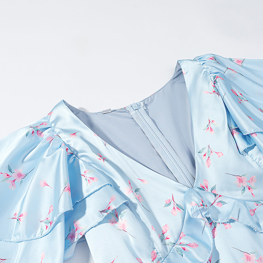 Summer Women Clothing Floral Flounce Socialite V neck Satin Short Sleeve Waist Controlled Dress JiaJia