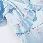 Summer Women Clothing Floral Flounce Socialite V neck Satin Short Sleeve Waist Controlled Dress JiaJia