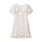 Summer Women Clothing Floral Flounce Socialite V neck Satin Short Sleeve Waist Controlled Dress JiaJia