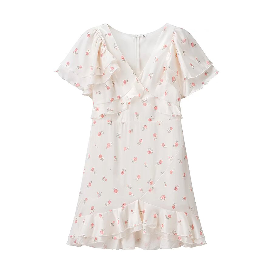 Summer Women Clothing Floral Flounce Socialite V neck Satin Short Sleeve Waist Controlled Dress JiaJia