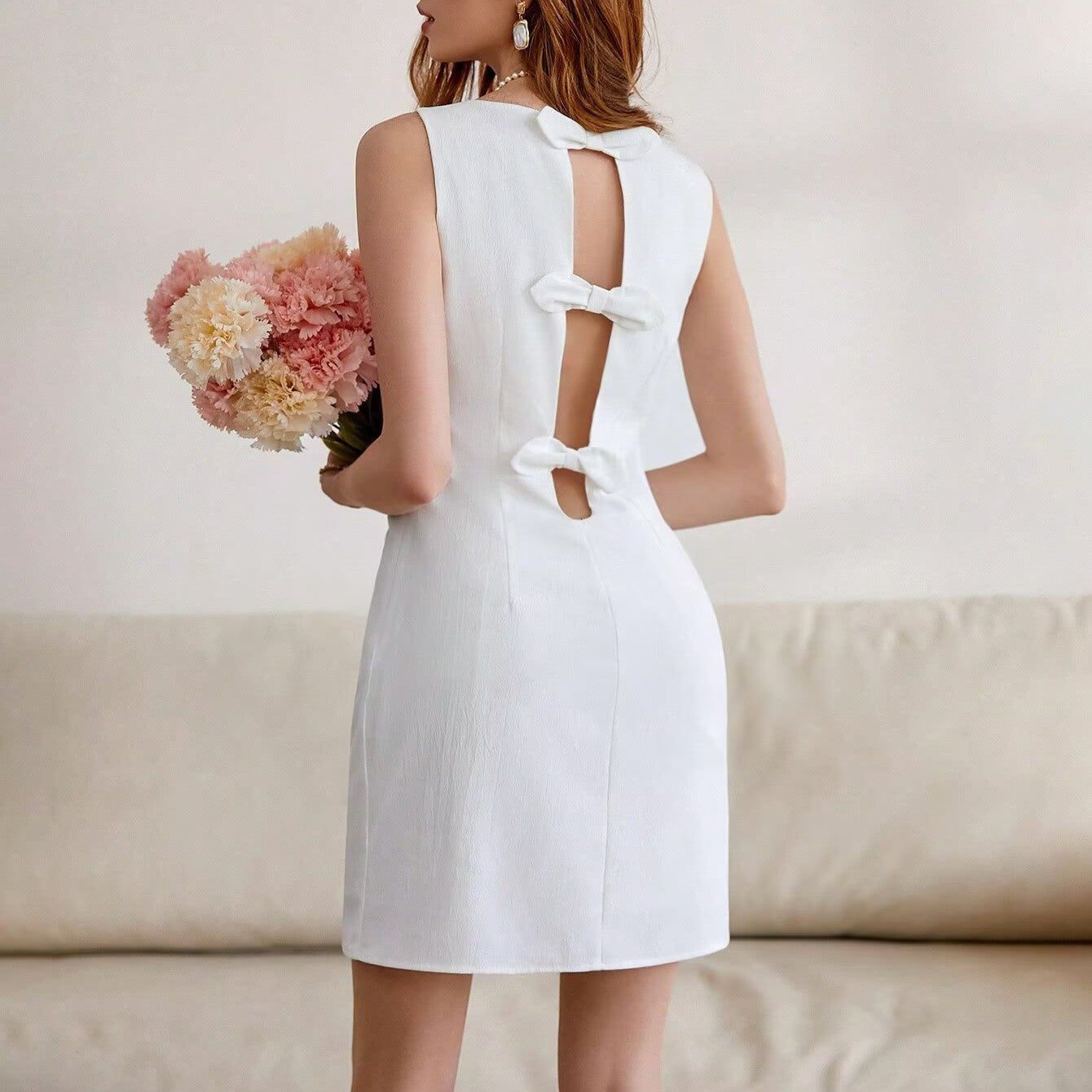 Woman Elegant Back Bow Tie Style Pastel Dress Wennie