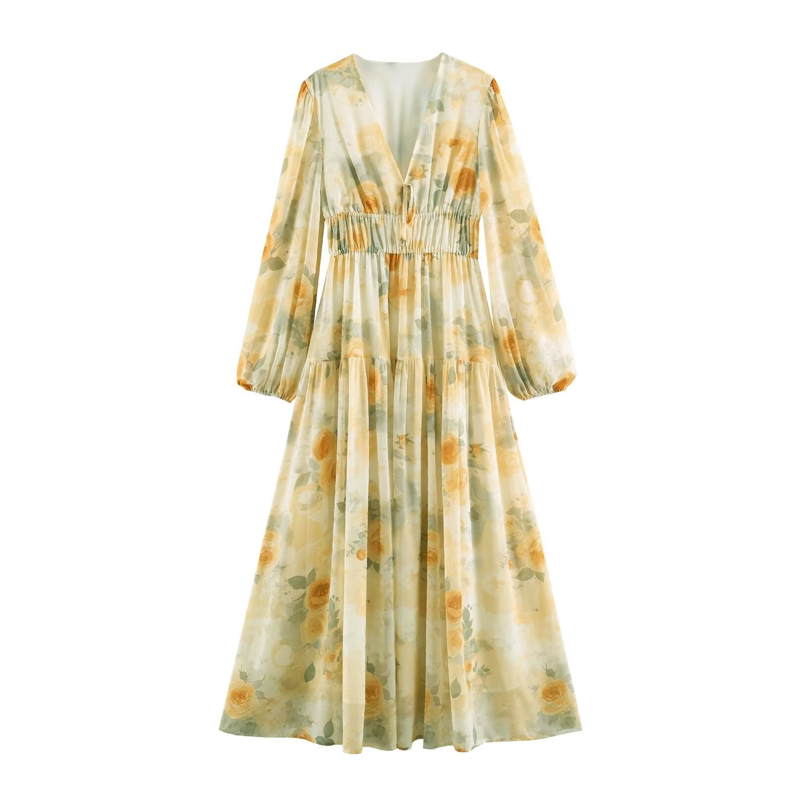 Summer Simple Thin Five Color Printed Chiffon Jumpsuit Long Sleeve Dress Wennie