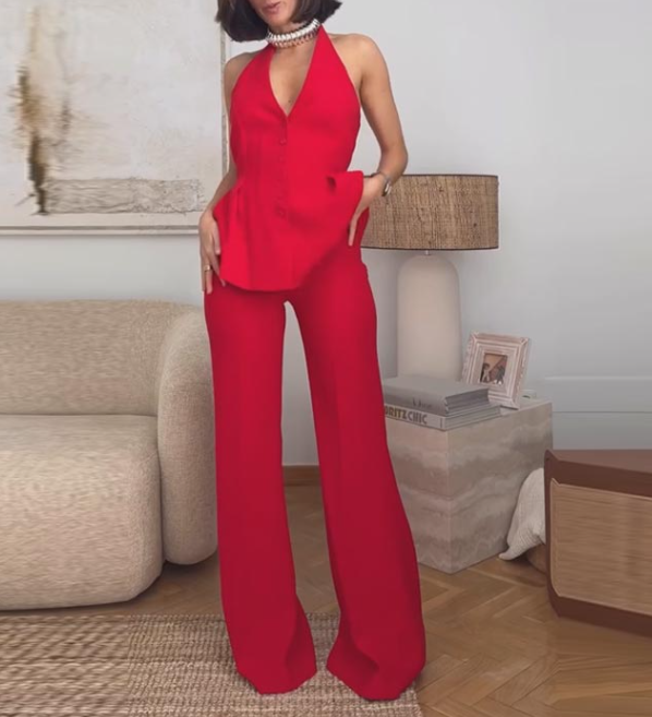 Women V neck Backless Hanging Collar Vest High Waist Straight Leg Pants JuneMade