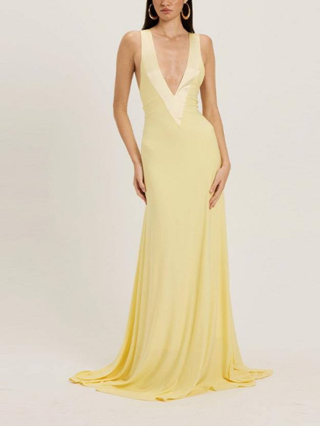 Deep V Plunge neck Sleeveless Dress Tight Waist Slim Fit Maxi Dress JiaJia