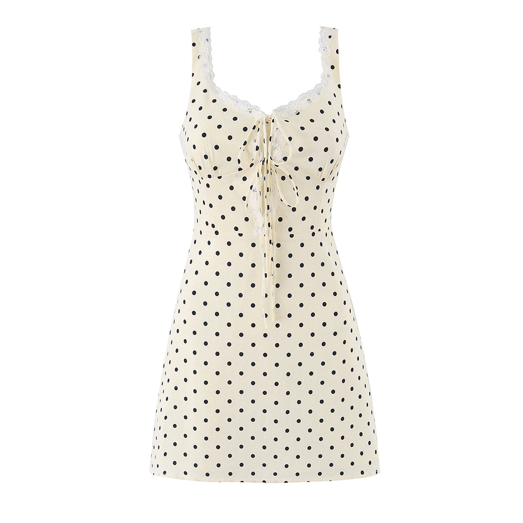 Polka Dot Camisole Women Summer Retro Elegant Lace Stitching Tied Cinched Sleeveless Dress OMI