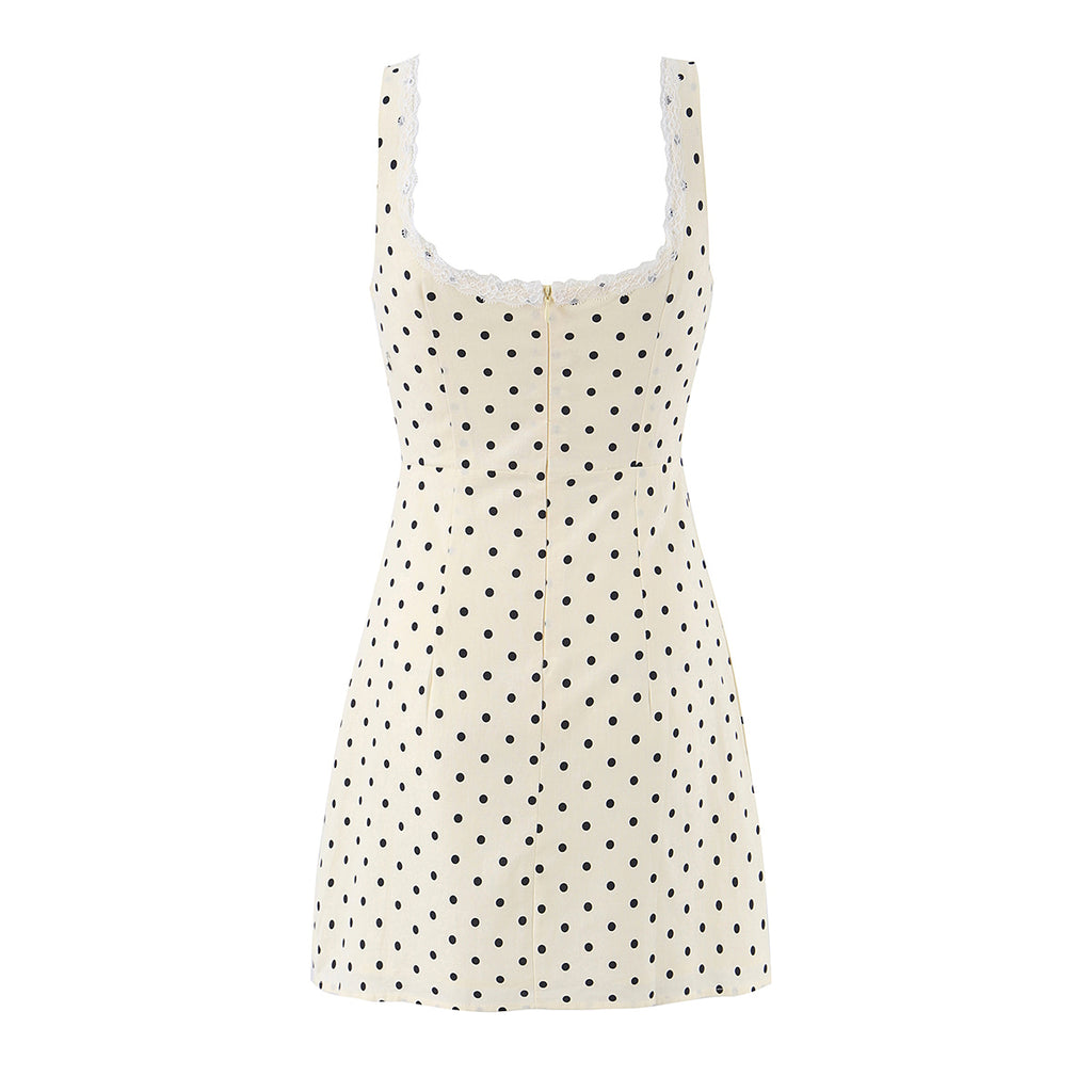Polka Dot Camisole Women Summer Retro Elegant Lace Stitching Tied Cinched Sleeveless Dress OMI