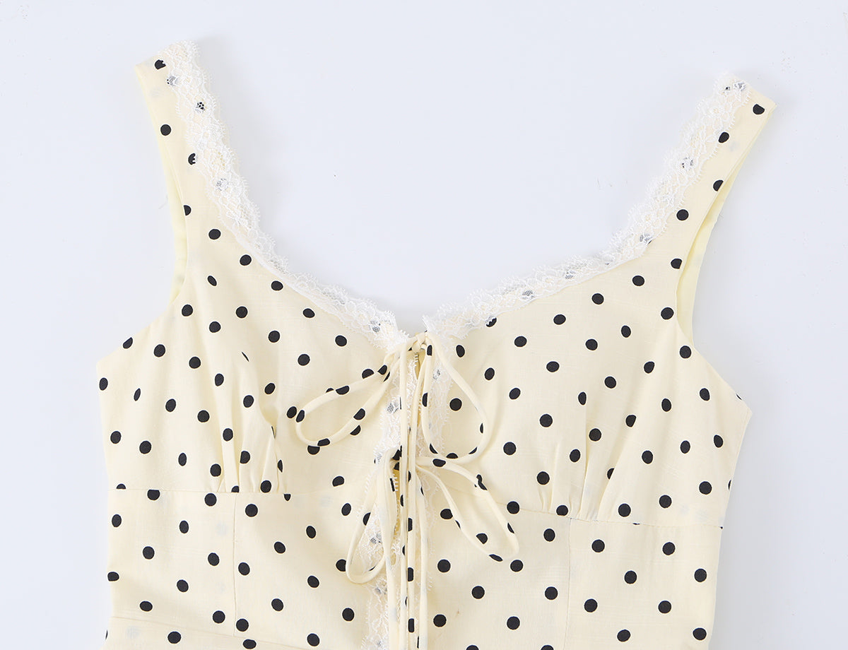 Polka Dot Camisole Women Summer Retro Elegant Lace Stitching Tied Cinched Sleeveless Dress OMI