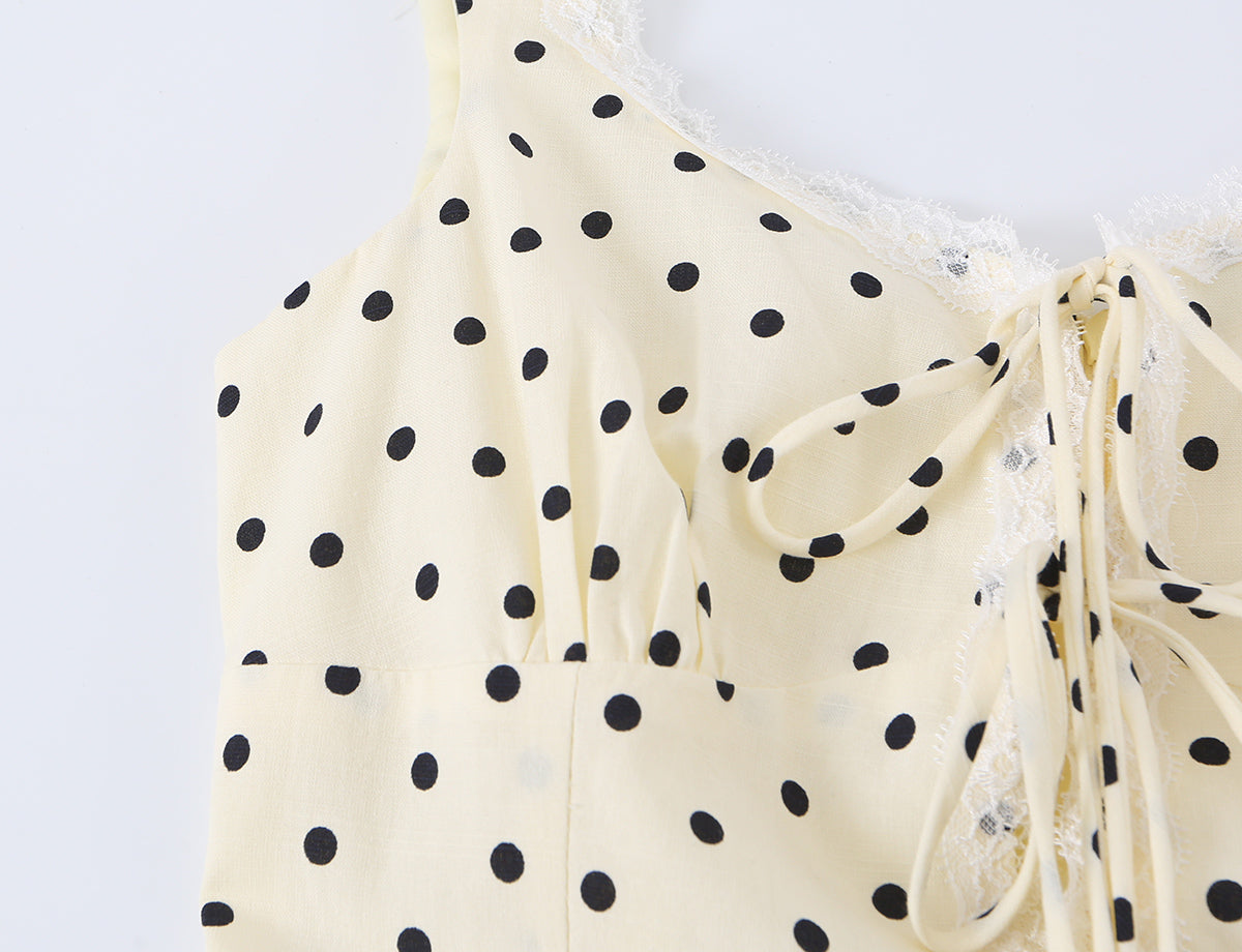 Polka Dot Camisole Women Summer Retro Elegant Lace Stitching Tied Cinched Sleeveless Dress OMI