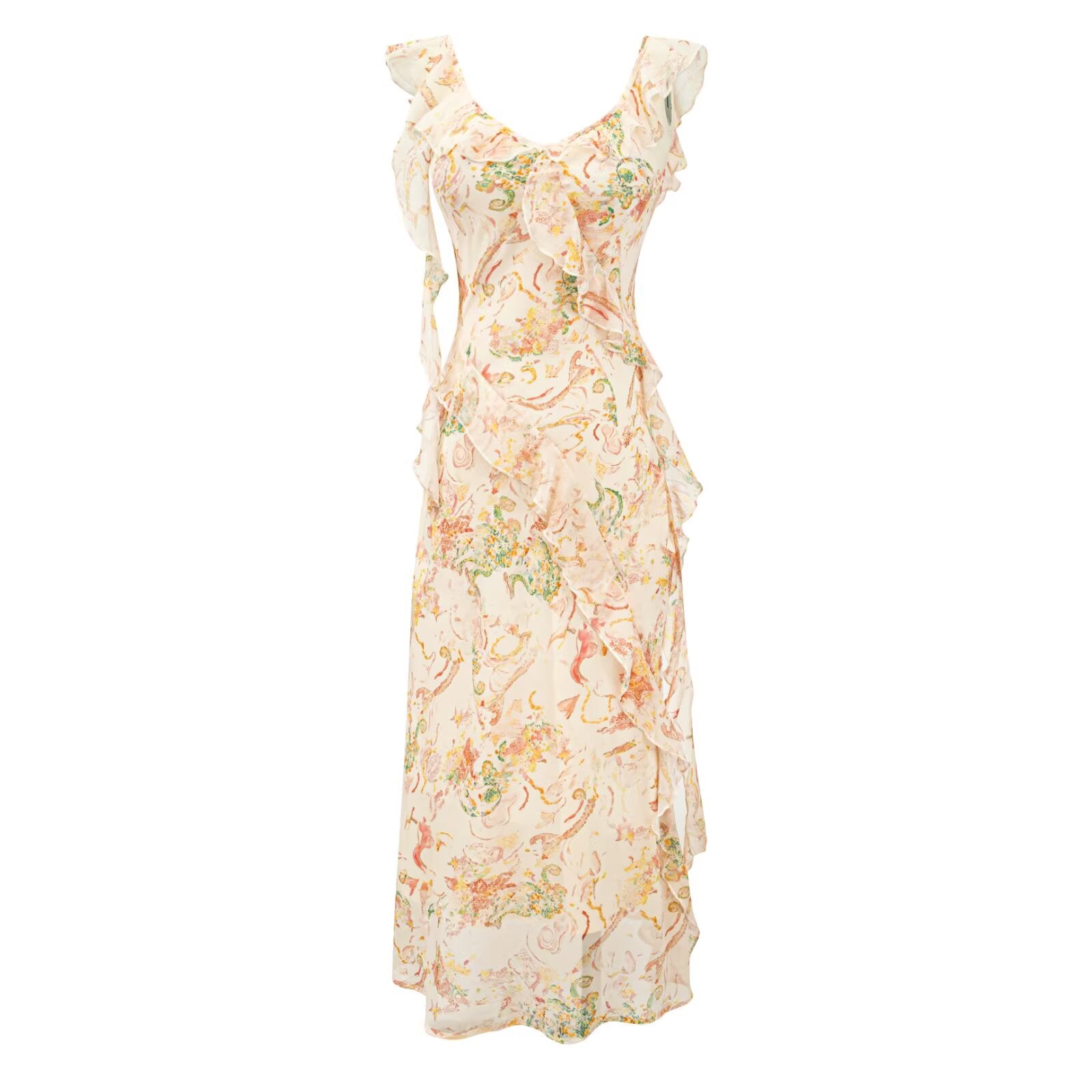 French Sweet V neck Flounce Sleeveless Dress Summer Seaside Vacation Cinched Slimming Maxi Dress PullWind