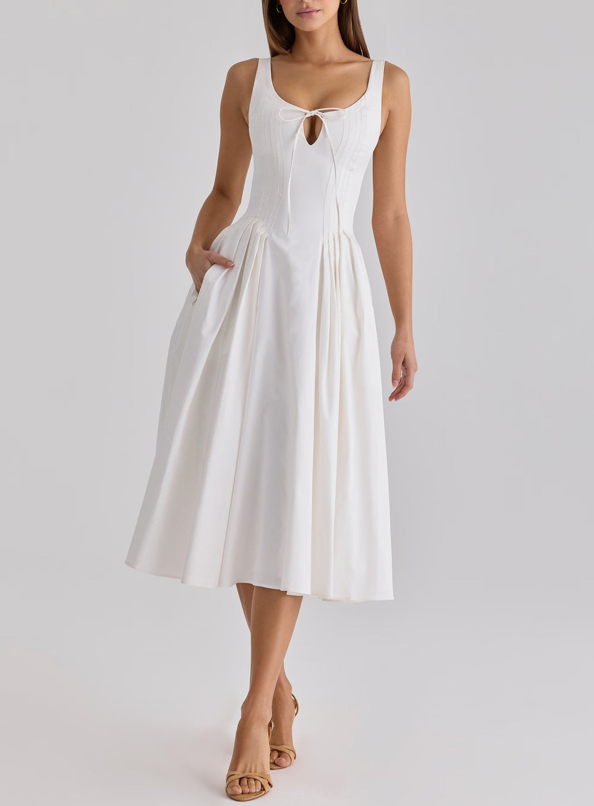 Summer French Gentle Elegant Pleated Waist Tight Slimming U Collar Hollow Out Cutout out Strap Jumpsuit White Dress TinkleBell