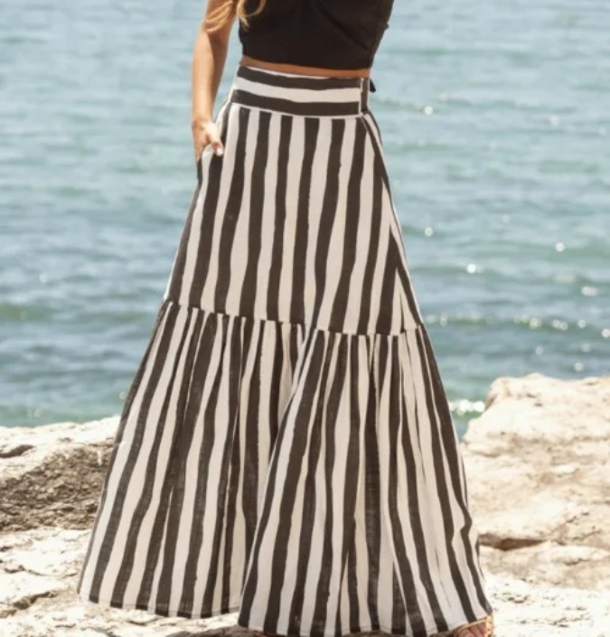 Summer Skirt Striped Printed High Waist Swing Holiday Skirt Women Zemy