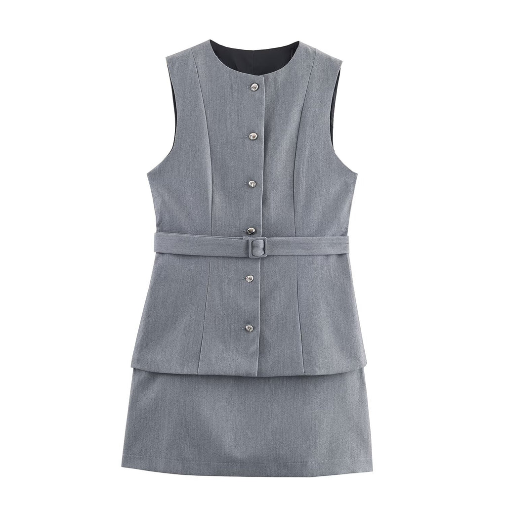 Fall Simple with Belt False Two Piece Set Crepe Dress Goyo