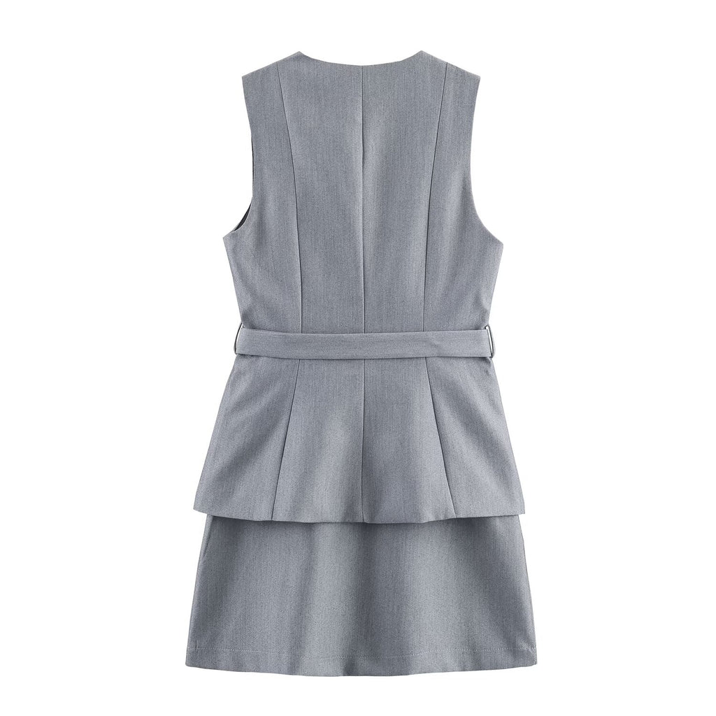 Fall Simple with Belt False Two Piece Set Crepe Dress Goyo