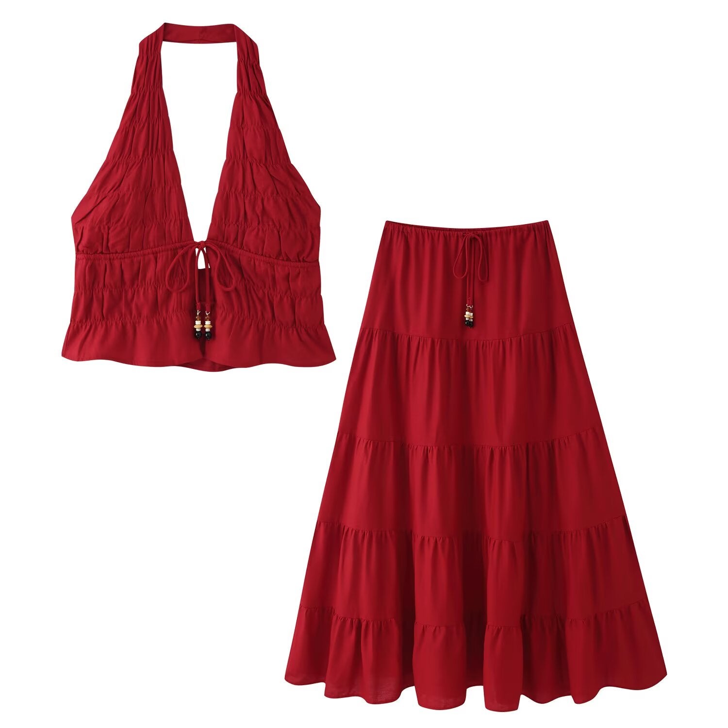 Women Clothing Lace up Pleated Midi Skirt Sets JOUNJ