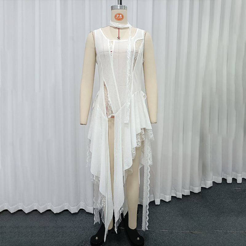 Summer Lace Stitching Vest Sexy Lightly Mature Scarf Ribbon All Matching Top for Women OFMY