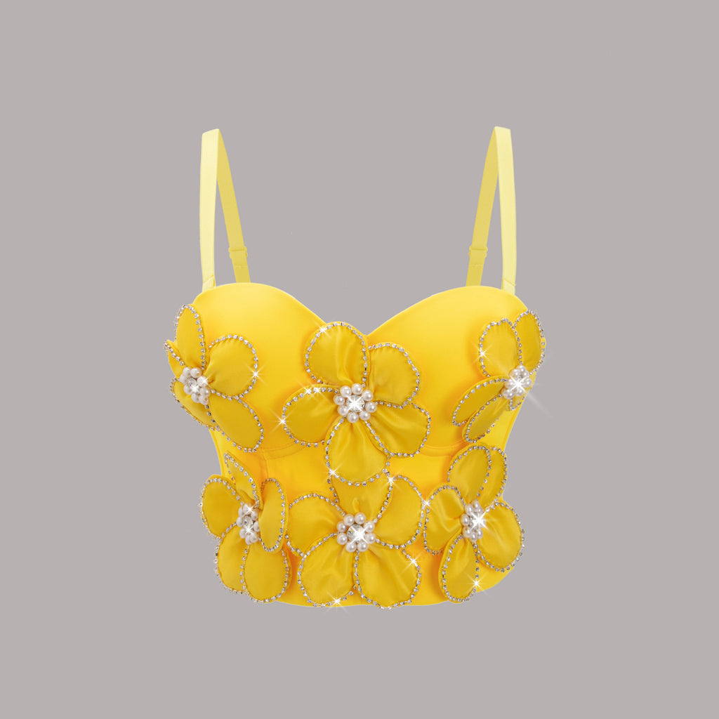 Sexy Yellow Three Dimensional Floral Camisole Women Body Shaping Boning Corset Corset Rhinestone Top WildQueen