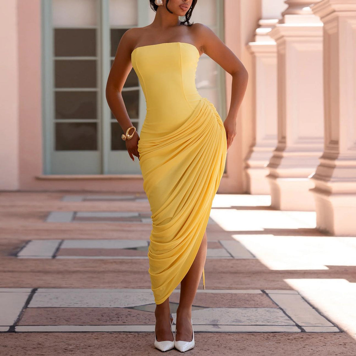Women Wear Sexy off the Shoulder Tube Top Ruffle Hip Dress Miss Siss