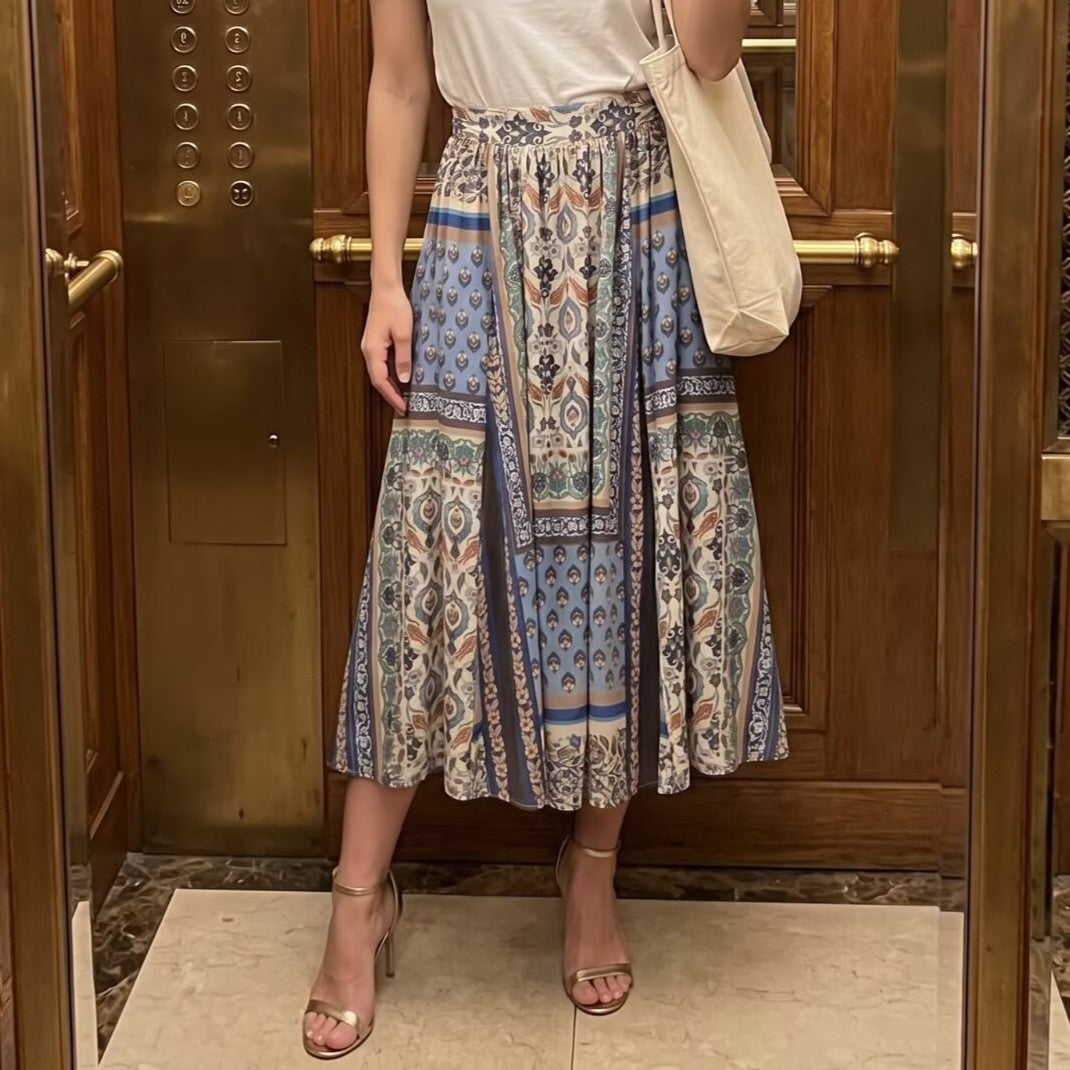 Women Clothing Summer Rayon Positioning Printing Elastic Waist Bohemian Big Hem Skirt YiPin