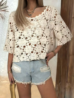 Women Solid Color Openwork Hook Patterned Round Neck Long Sleeved Knitted Sweater In Short Style Reddy