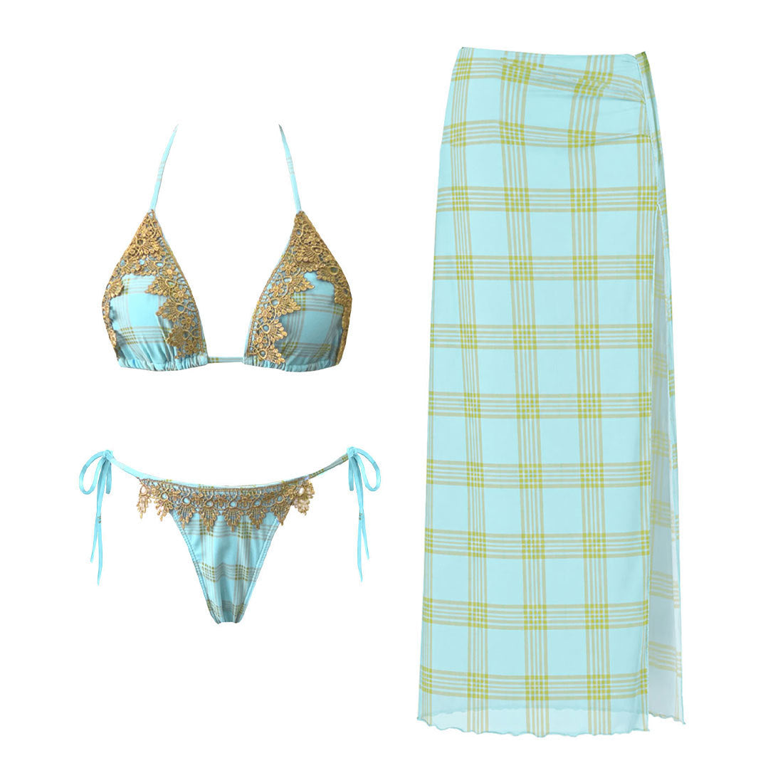 Fresh Plaid Printed Lace up Sexy Backless Split Swimsuit Women Skirt Three Point Bikini Thunder