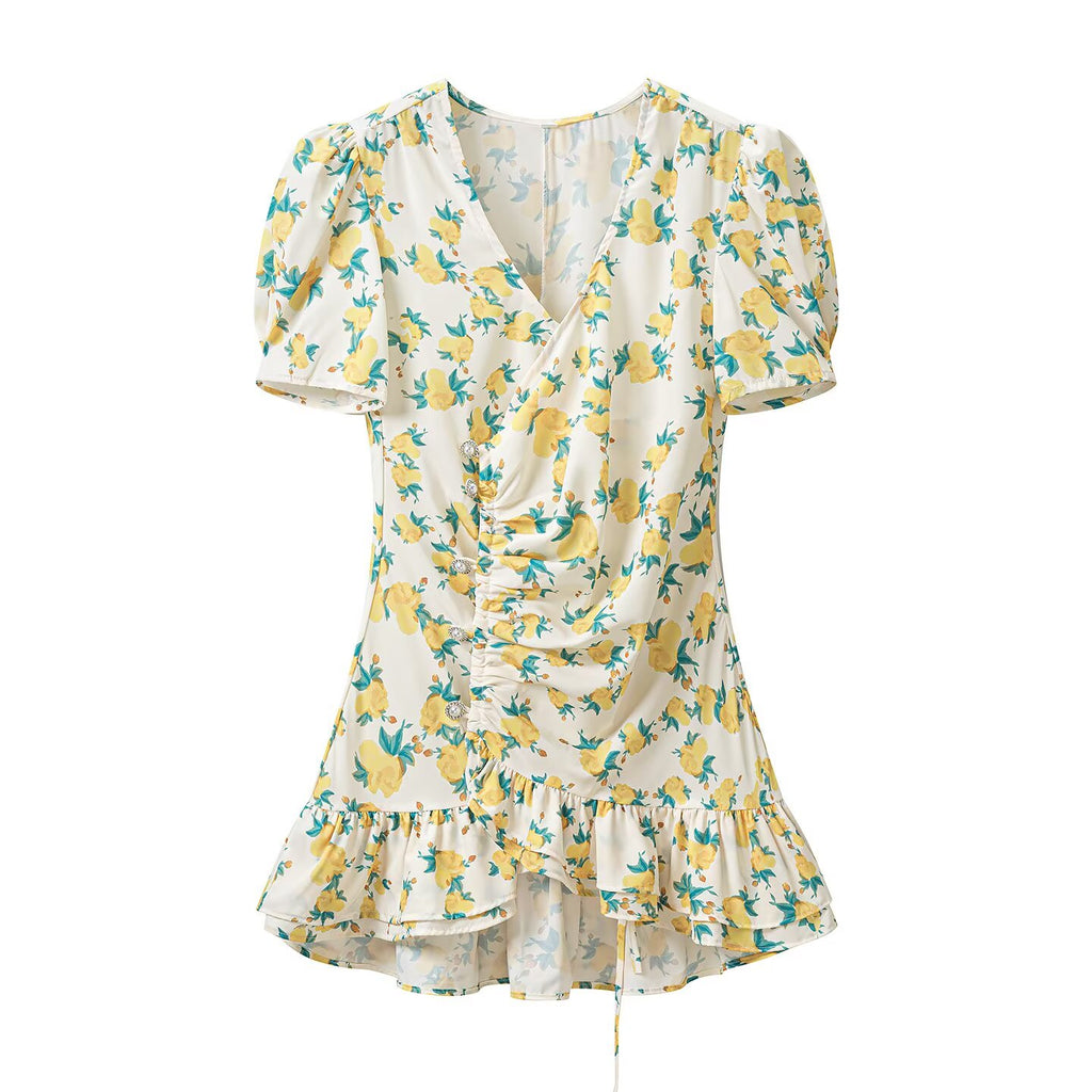 Women Clothing Fashionable All Matching Printed Floral Flounce Slim Dress JiaJia
