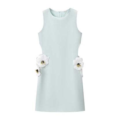 Women Clothing Hollowed out Sequined Floral Sleeveless Cropped Outfit Short Dress JiaJia