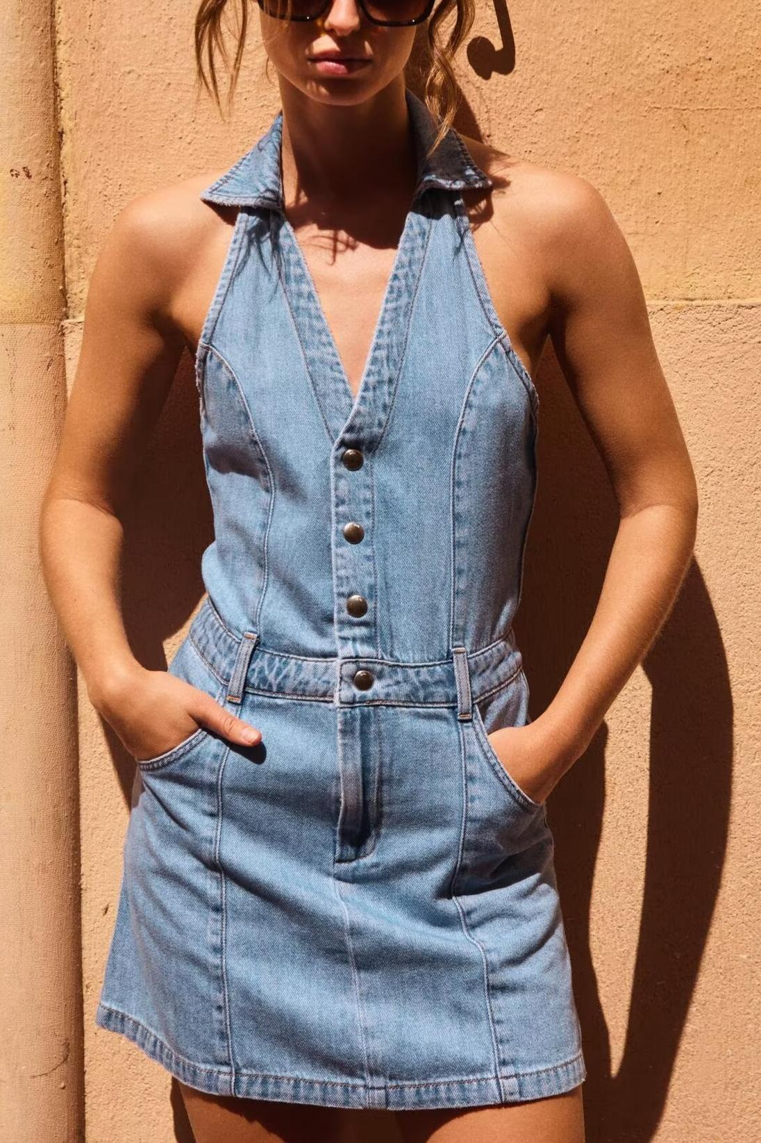 French Women Clothing Fashionable All Match Flip Halter Mini Dress Howe