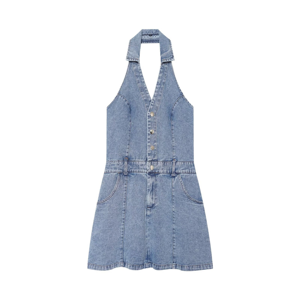 French Women Clothing Fashionable All Match Flip Halter Mini Dress Howe